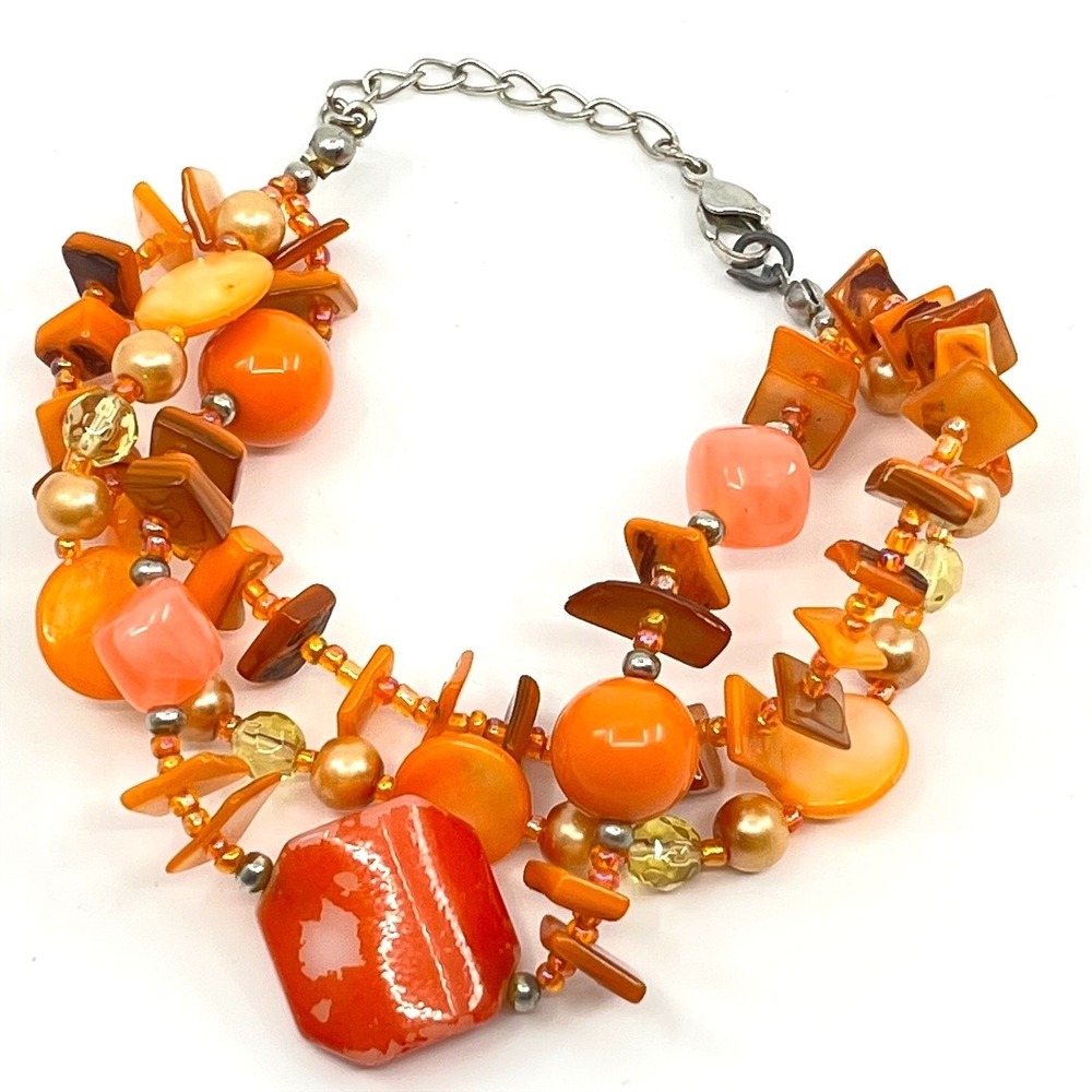 Vintage Boho Multi-Strand Orange‎ Beaded Bracelet Shell & Acrylic Chunky Lobster